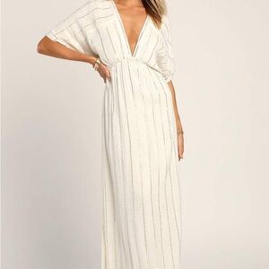 Lulu’s Goddess Vibes Ivory Gold Striped Dolman Sleeve Maxi Dress